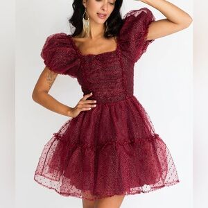 Joyfolie Burgundy Puff Sleeve Mini Dress